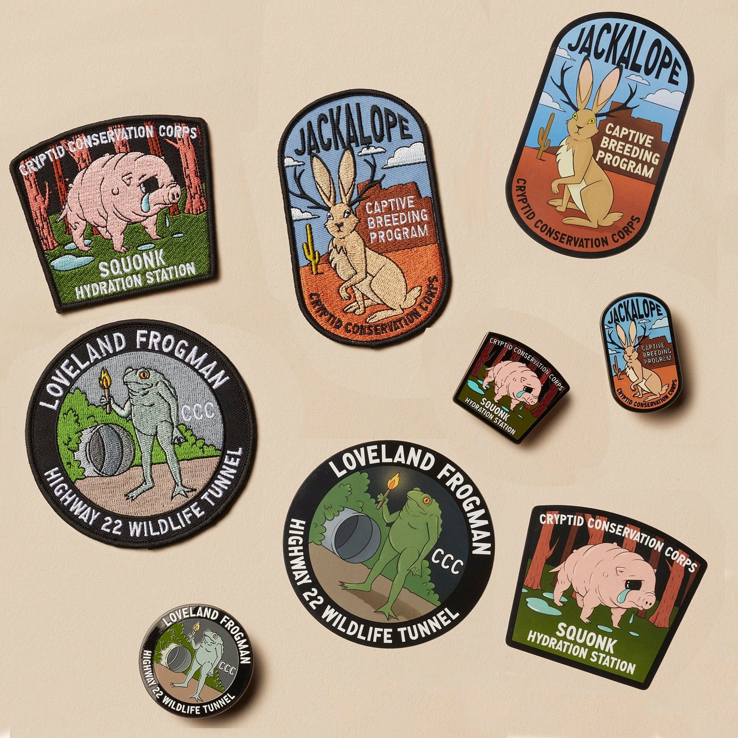 Cryptid Conservation Corps: All Series 3 Patches, Pins, and Stickers Set